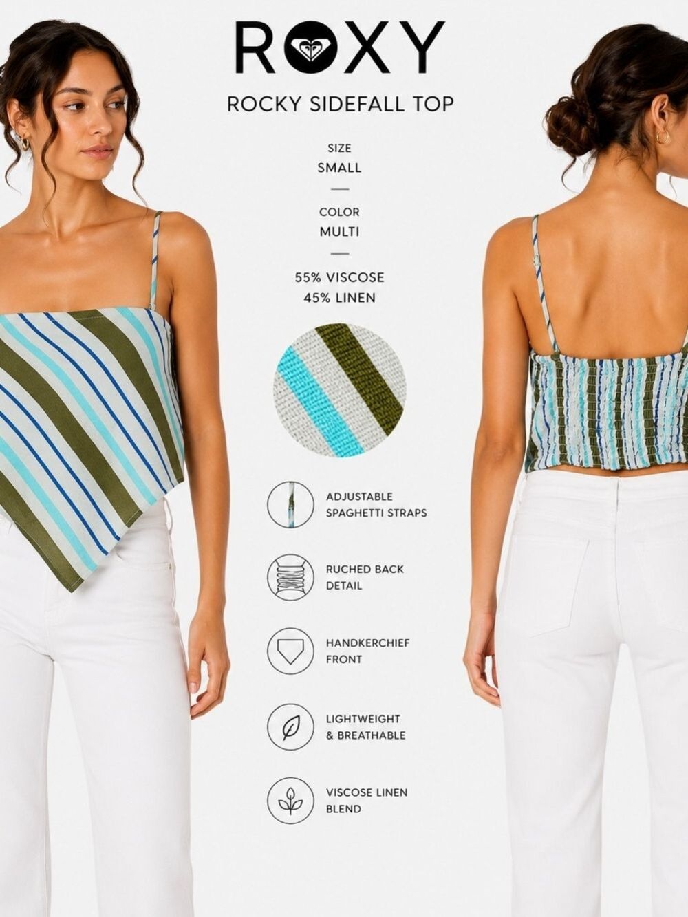 Roxy Multi-Stripe Handkerchief Camisole in Blue, Olive & White